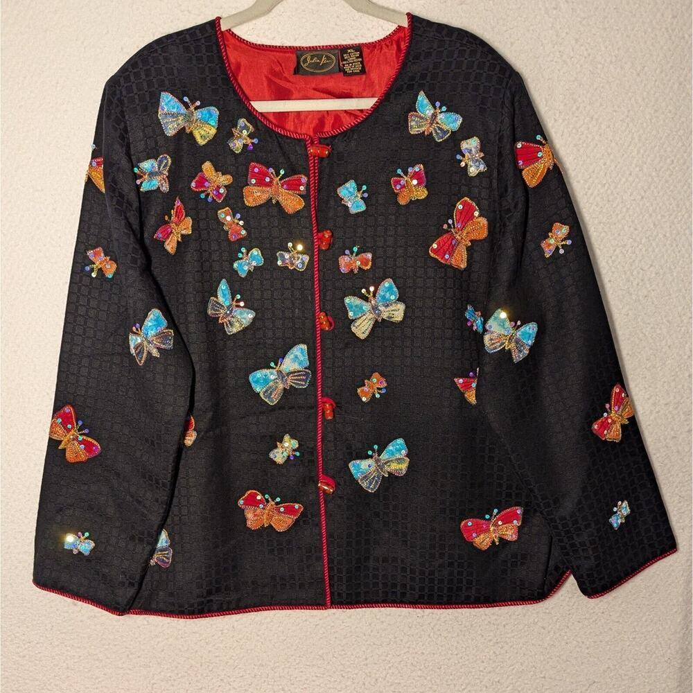 Julia Kim Art Jacket Women XL Black Butterfly Applique Toggle Button Embroidered